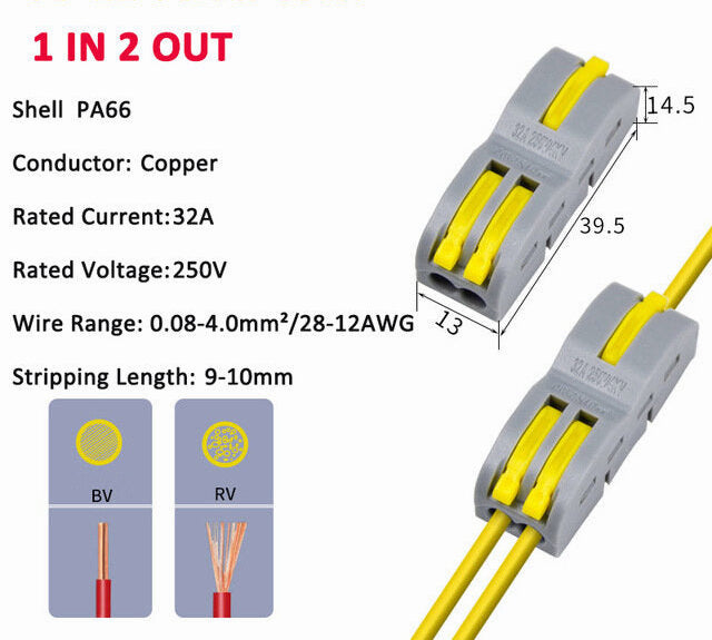 Orange/Yellow/Blue Wire Connector 1 In 2 Out Wire Splitter Terminal Block Compact Wiring Cable Connector Push-in Conductor