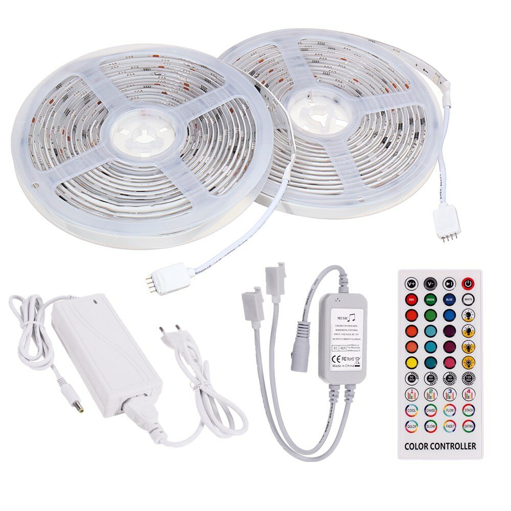 5M 10M Timer Music Control 5050 RGB Waterproof LED Strip Light+40Keys RF Remote Control+EU Power Adapter DC12V