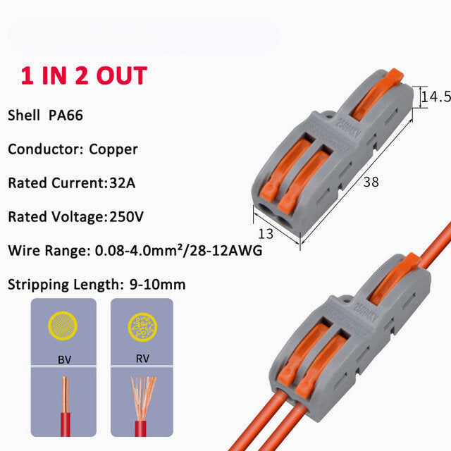 Wire Connector 1 In 2 Out Wire Splitter Terminal Block Compact Wiring Cable Connector Push-in Conductor