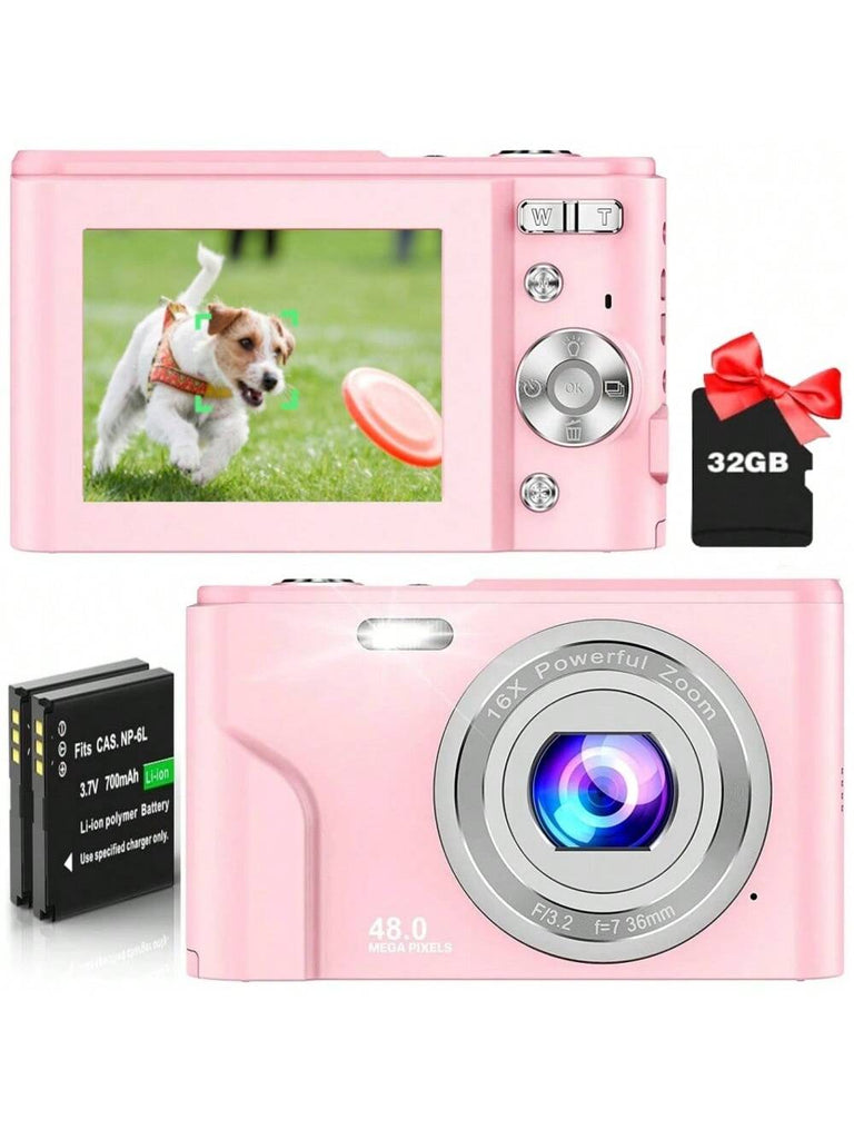 FHD 1080P 48MP Digital Camera with 16X Zoom, 32GB SD Card, 2 Batteries, Compact Mini