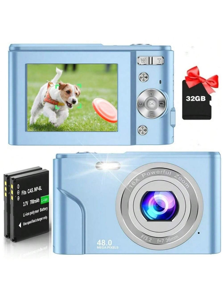 FHD 1080P 48MP Digital Camera with 16X Zoom, 32GB SD Card, 2 Batteries, Compact Mini