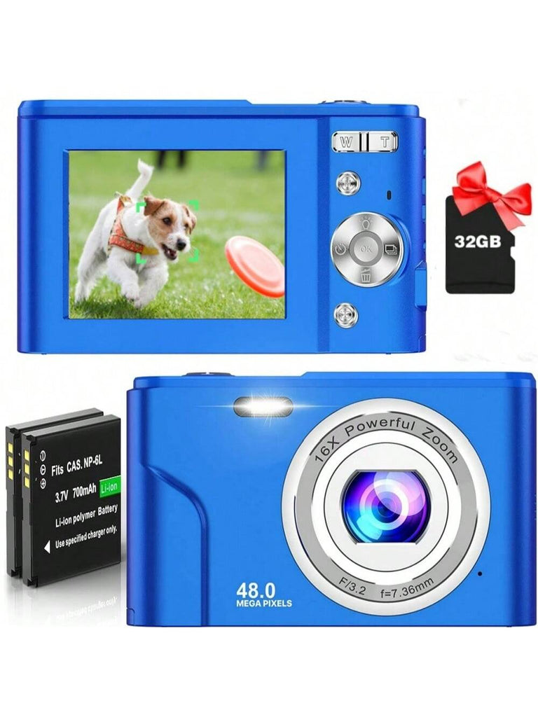 FHD 1080P 48MP Digital Camera with 16X Zoom, 32GB SD Card, 2 Batteries, Compact Mini