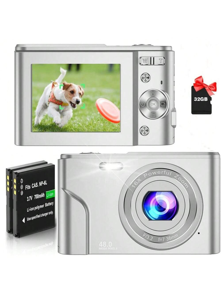 FHD 1080P 48MP Digital Camera with 16X Zoom, 32GB SD Card, 2 Batteries, Compact Mini