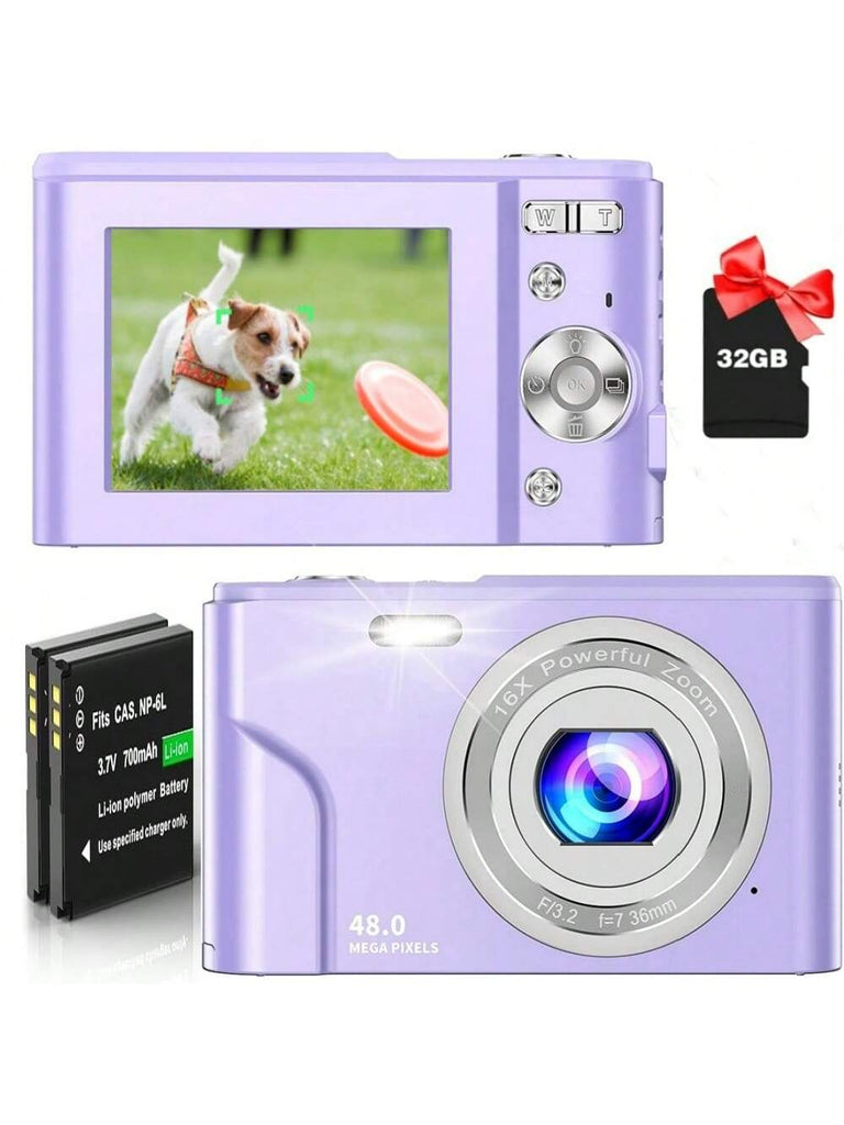 FHD 1080P 48MP Digital Camera with 16X Zoom, 32GB SD Card, 2 Batteries, Compact Mini