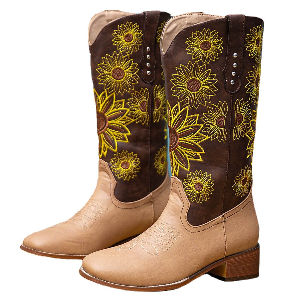 Large Size Women Retro Ethnic Floral Embroidered Comfy Square Toe Chunky Heel Cowboy Boots