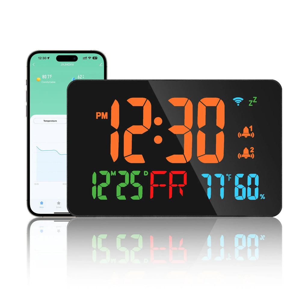 Smart LED WiFi Alarm Clock with Remote, Calendar, Temperature & Humidity Display - Compatible with Smart Life App for Home & Office