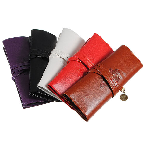 Leather Folding Strap Case Makeup Cosmetic Brush Pouch