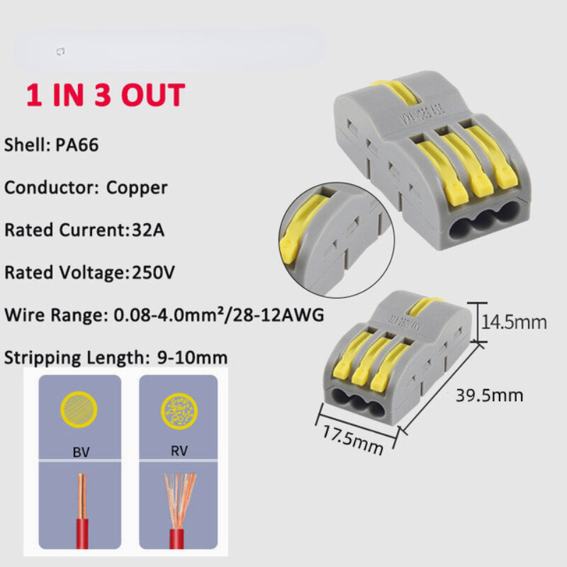 Orange/Yellow/Blue/Green Wire Connector 1 In 3 Out Wire Splitter Terminal Block Compact Wiring Cable Connector Push-in Conductor