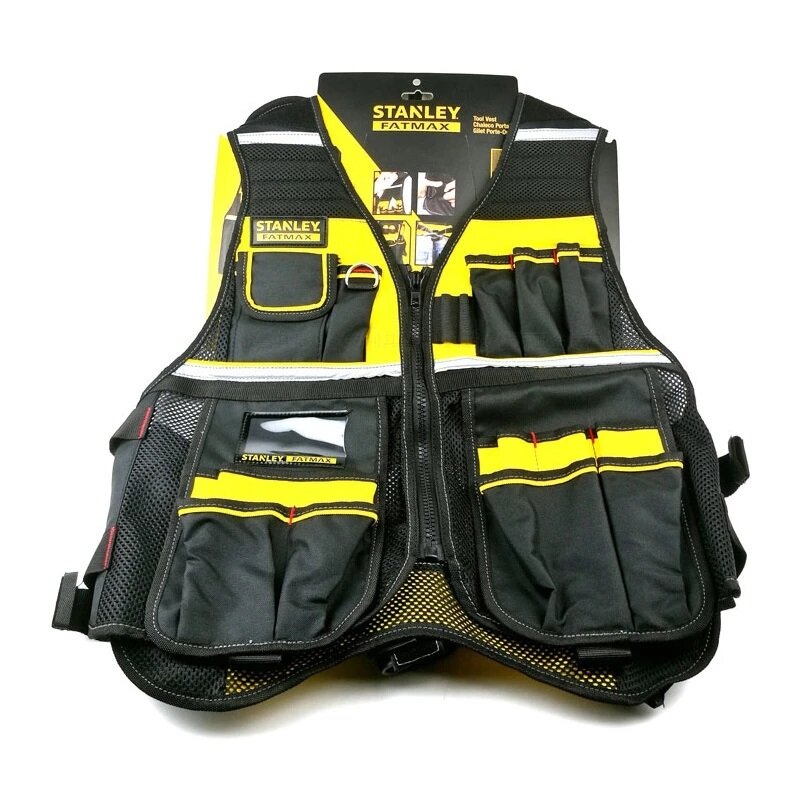 Multi-pocket Work Tool Vest with Black Yellow Reflective Safety Strip Adjustable Strap