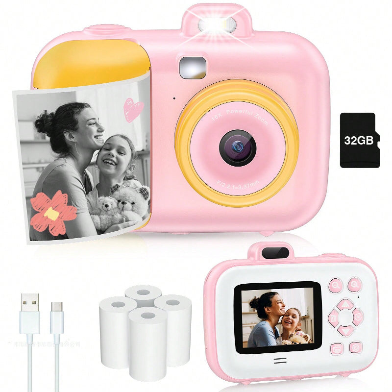 Instant Selfie Digital Camera with 4 Rolls Print Paper & 32G Card, 1080P Video & Print