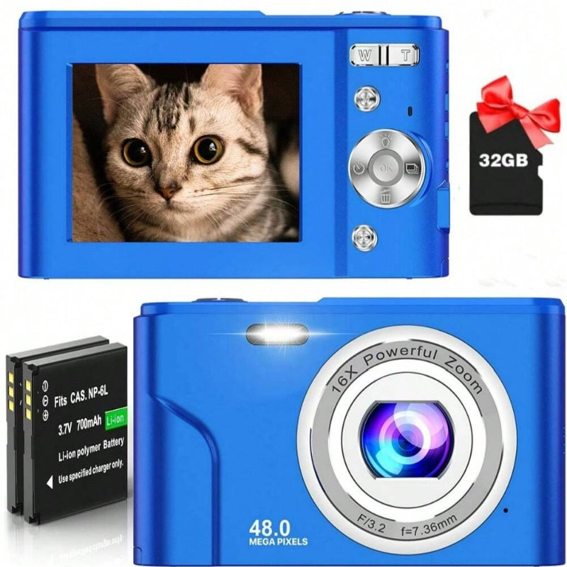 FHD 1080P 48MP Digital Camera, 16X Zoom, Beginner-Friendly, Mini Camera with 2 Batteries & 32GB SD Card