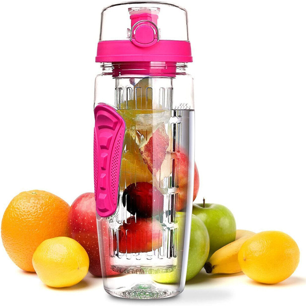 1L Sport Fruit Infuser Water Bottle with Dual Anti-Slip Grips Flip Top Lid Water Bottle for Office and Home Drinking Cup