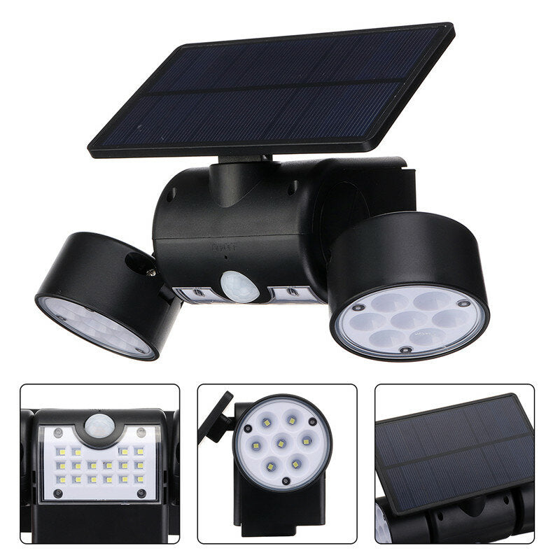 30LED Solar Power PIR Motion Sensor Wall Light Adjustable Dual Head Outdoor Spot Lamp