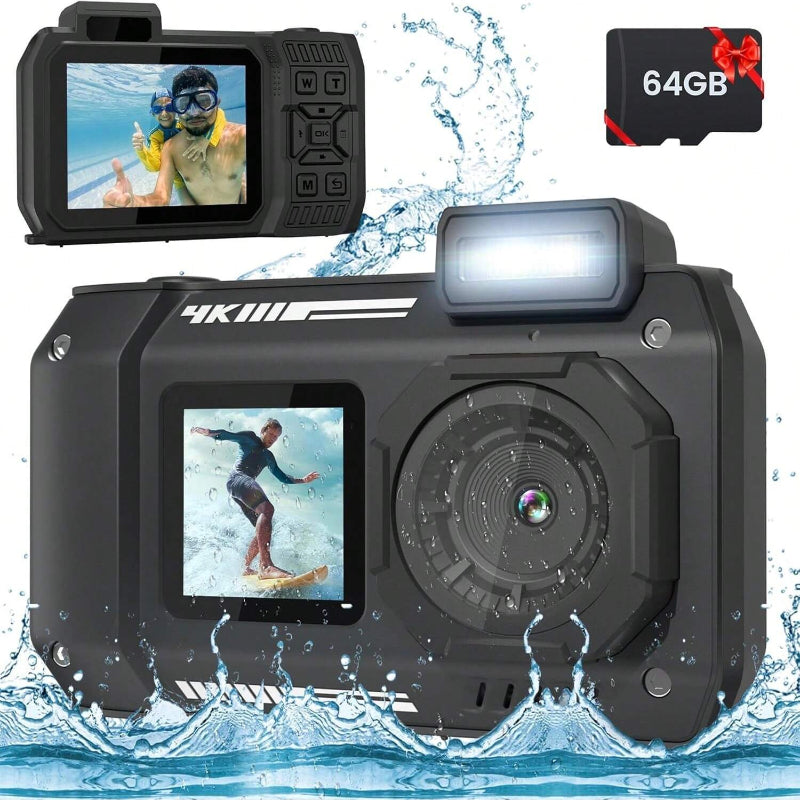 33FT 4K Waterproof Underwater Camera, 65MP Dual-Screen Selfie, Rugged Dustproof Shockproof, 64GB Card Included