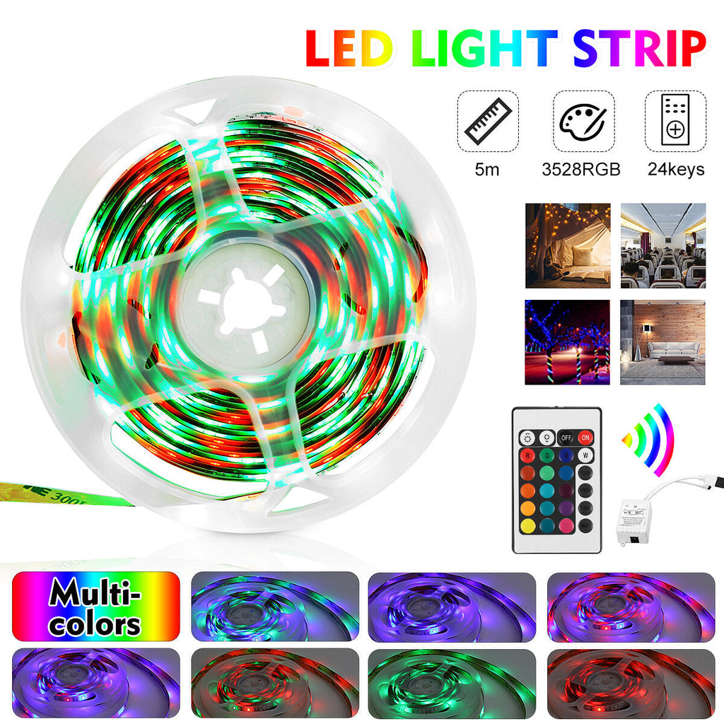 5M 300LED Strip Light Kit SMD3528 Flexible RGB Waterproof Flexible Lamp Home Car 24 KeyIR Remote Control