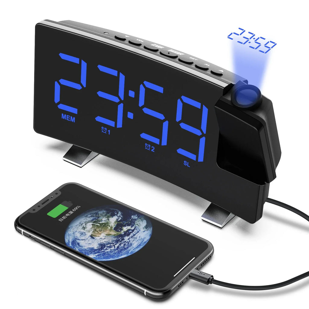 8-Inch Projection Alarm Clock: 180° Projector, FM Radio, Snooze, USB Charger & 3-Level Brightness for Bedroom