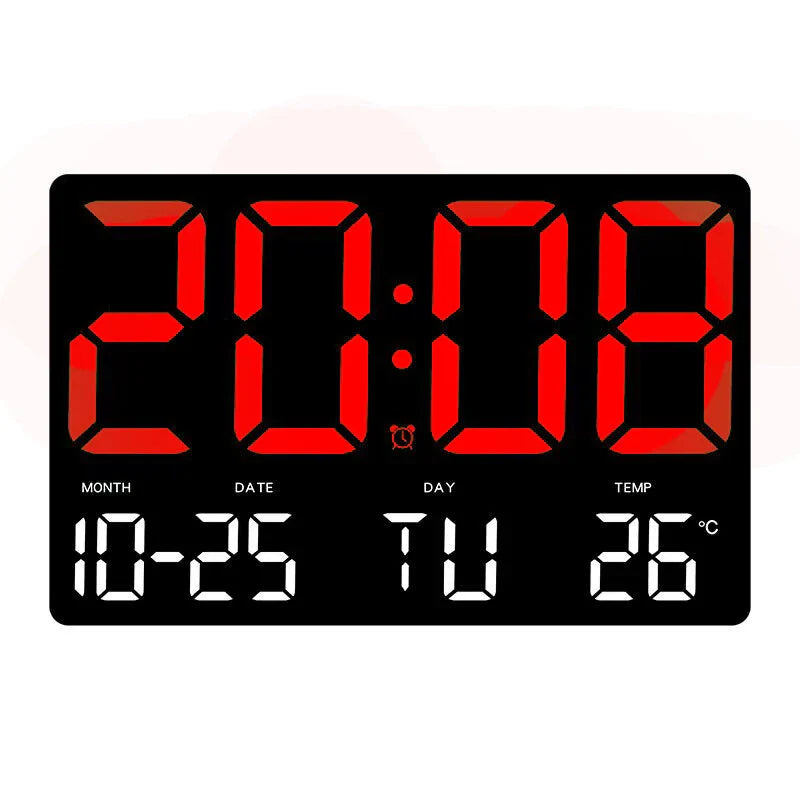 Large Digital Wall Clock with LED Display, Adjustable Brightness, Indoor Temperature, Date, Week, 12/24H for Home, Office, Classroom