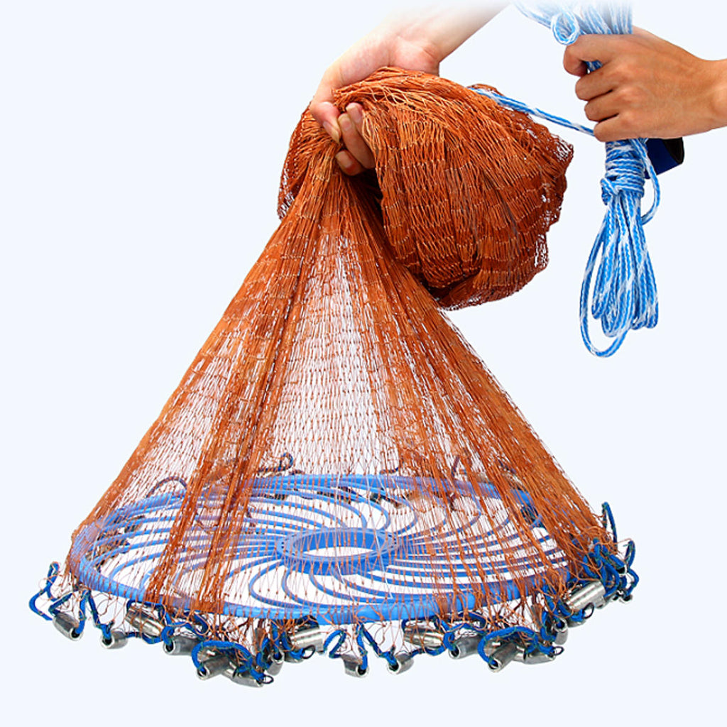 3-4.8m Netting Twine+Steel Hand Throw Cast Net American Style Brown Bait Fishing Network w/Sinker