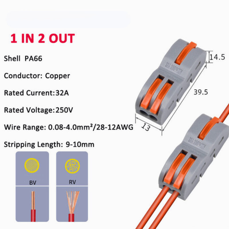 Orange/Yellow/Blue Wire Connector 1 In 2 Out Wire Splitter Terminal Block Compact Wiring Cable Connector Push-in Conductor