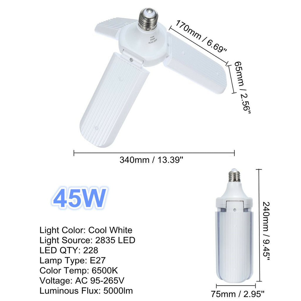 E27 Two Three Four Leaves Deformable Foldable LED Garage Shop Work Light Bulb Ceiling Lamp AC95-265V