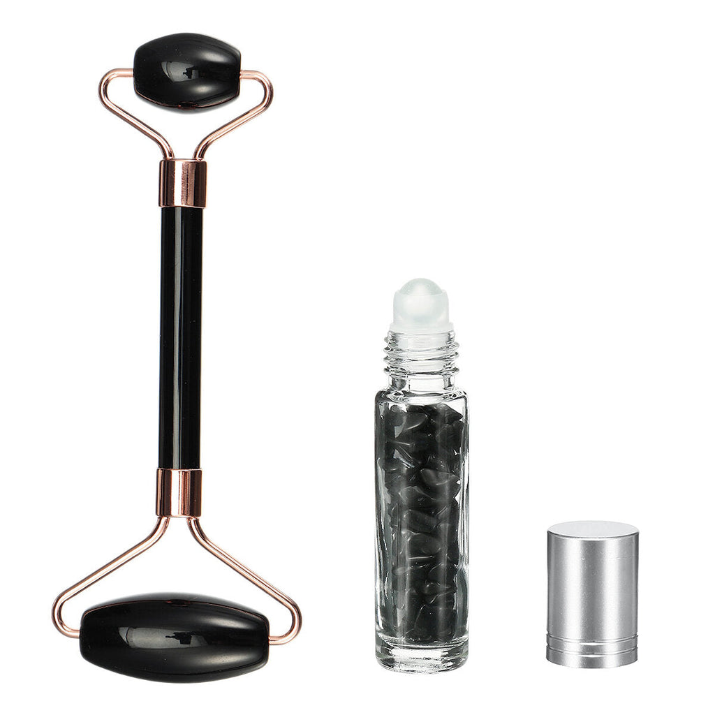 Quartz Face Massage Roller Facial Massager Beauty Tool+Essential Oil Gemstone Bottle