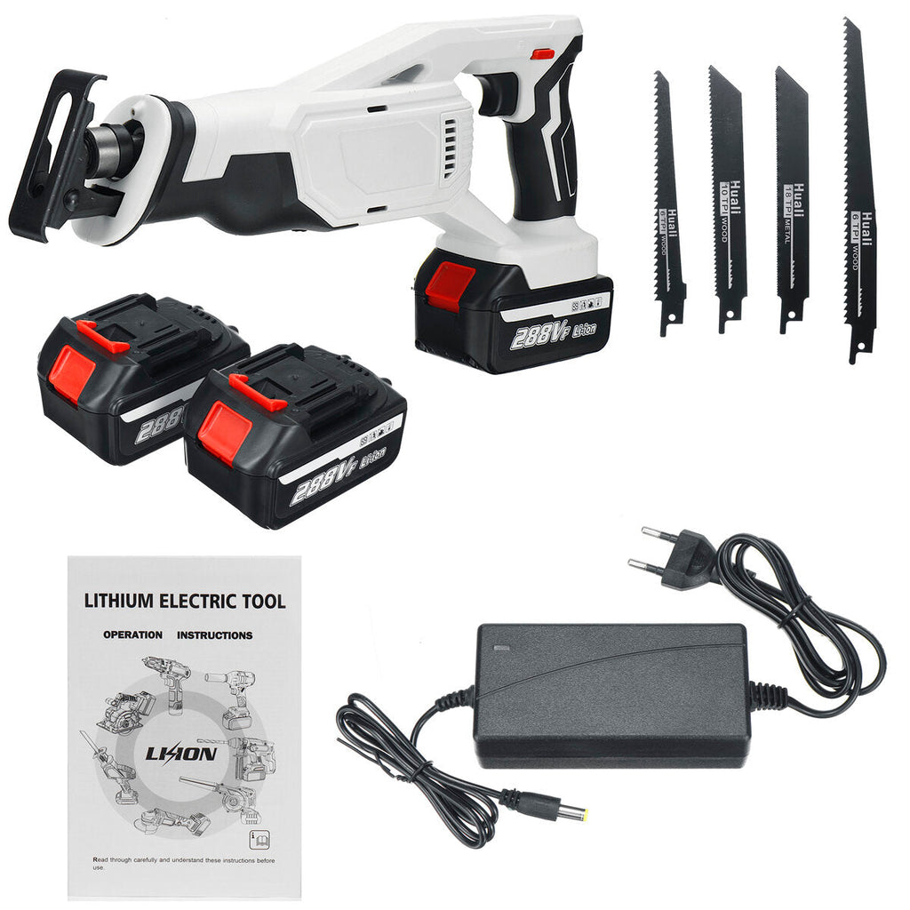 Cordless Reciprocating Saw Rechargeable Electric Recip Sabre Saw W/ 4pcs Blade & 2pcs Battery Wood Metal Plastic Sawing Tool