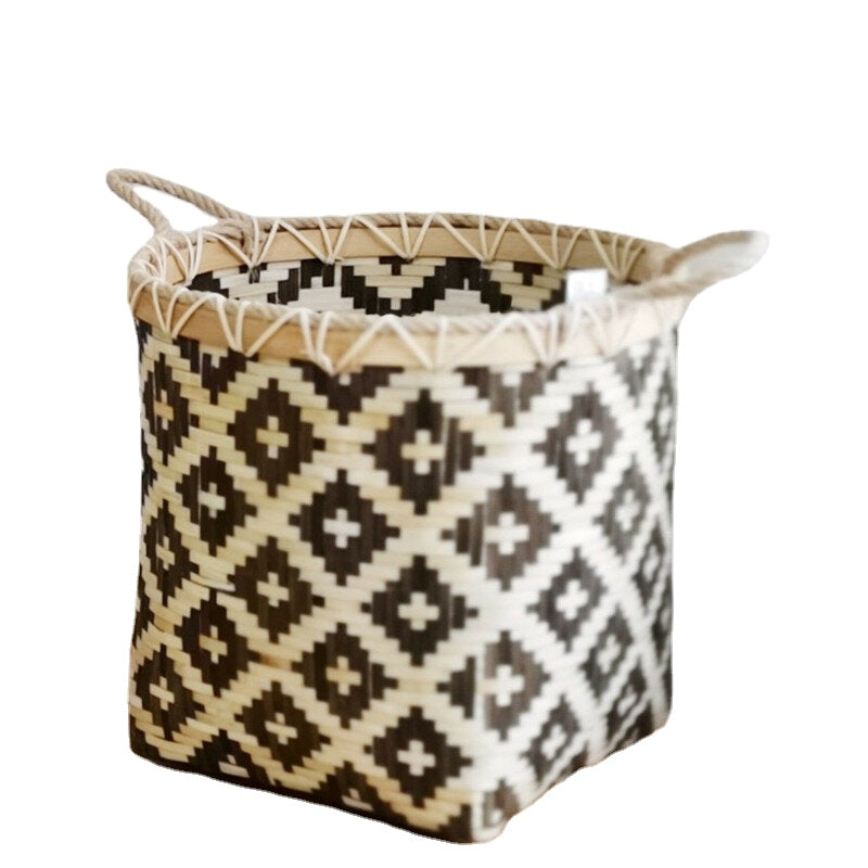 Large Capacity Storage Baskets Woven Bamboo Storage Bucket Handle Flower Pot Vase Toy Holder Household Organizer