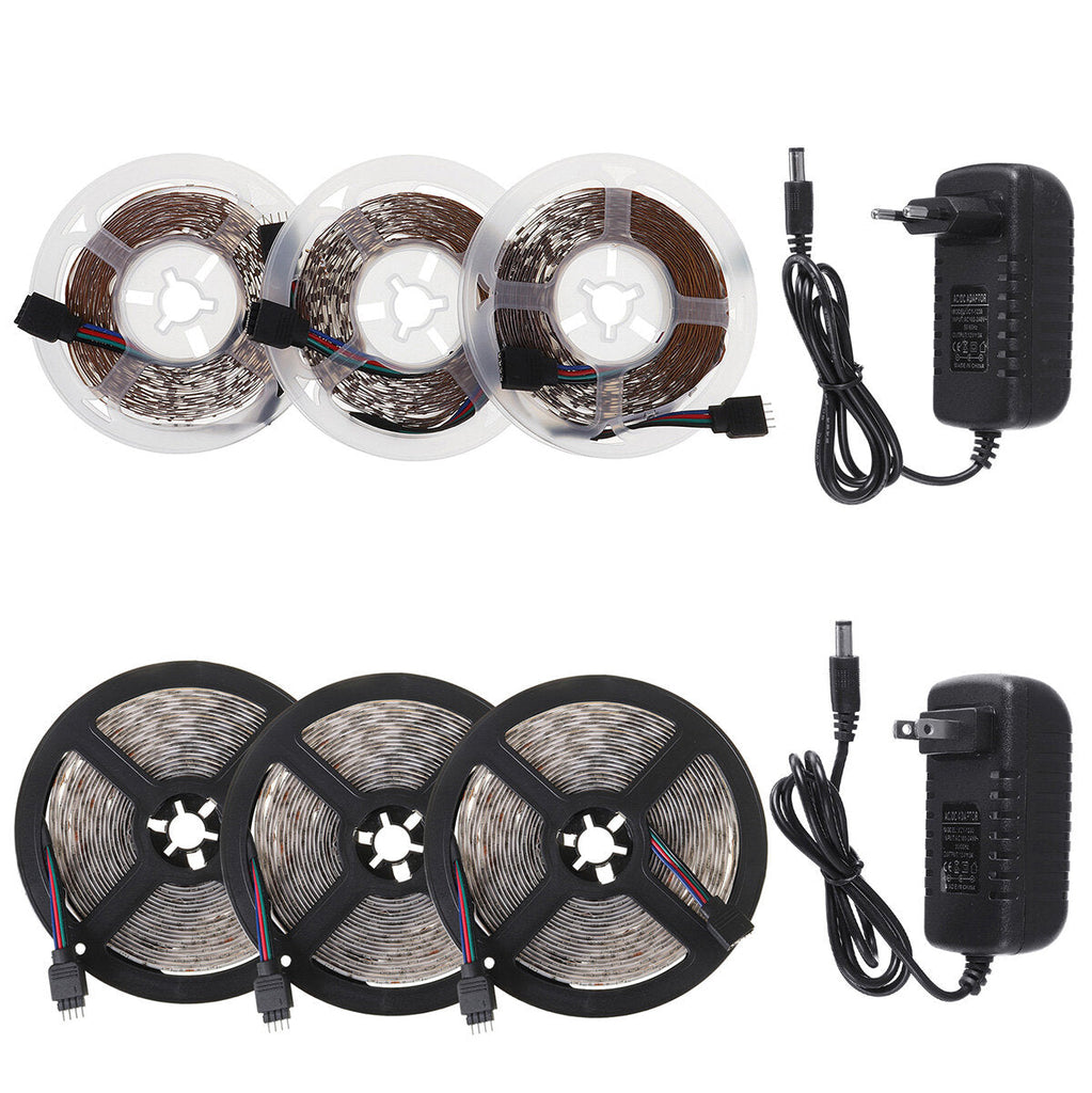 49FT 15M 3528 RGB LED Strip Light 24Keys Remote Control Non-waterproof/Waterproof Flexible Lamp + EU/US Power Adapter