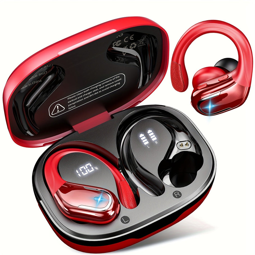 Wireless Earbuds for Running Sports with Earhooks Pure Bass Sound, 60H Over EarDual-LED Display, IPX7 Built-in Microphone, Noise Cancelling