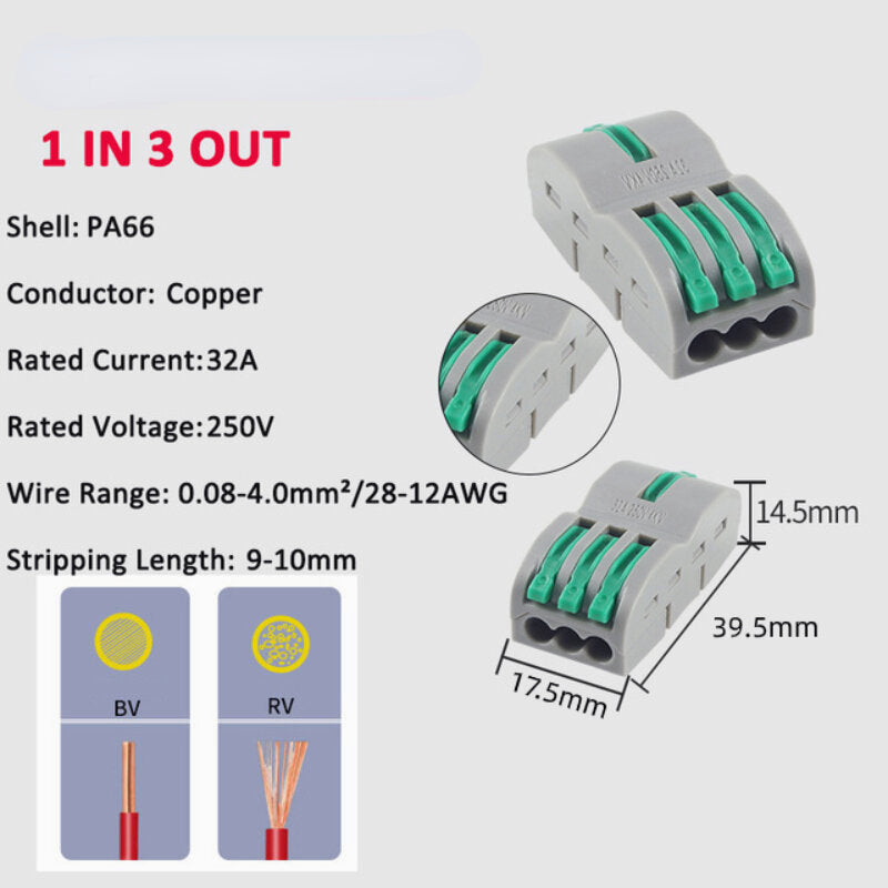 Orange/Yellow/Blue/Green Wire Connector 1 In 3 Out Wire Splitter Terminal Block Compact Wiring Cable Connector Push-in Conductor