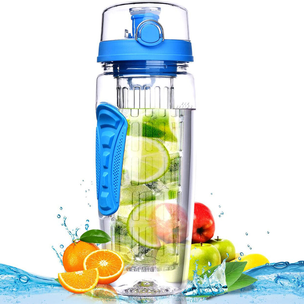 1L Sport Fruit Infuser Water Bottle with Dual Anti-Slip Grips Flip Top Lid Water Bottle for Office and Home Drinking Cup