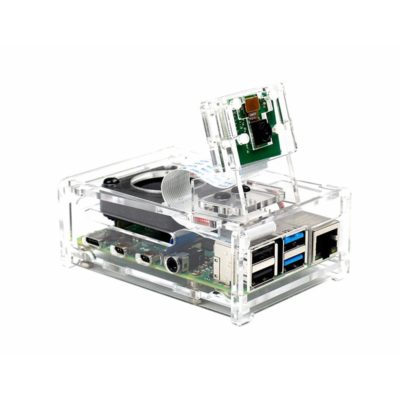 Transparent Acrylic Case with Cooling Fan Set Compatible 3.5 inch Screen & Camera for Raspberry Pi 4B