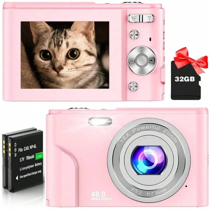 FHD 1080P 48MP Digital Camera, 16X Zoom, Beginner-Friendly, Mini Camera with 2 Batteries & 32GB SD Card