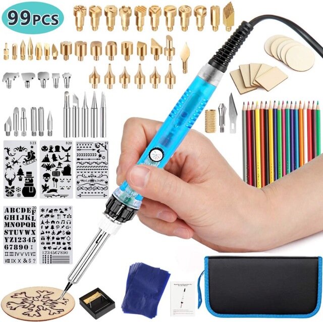 DIY 99Pcs Wood Burning Kit Engraving Tool with Switch Thermostat Soldering Iron Pen Kit