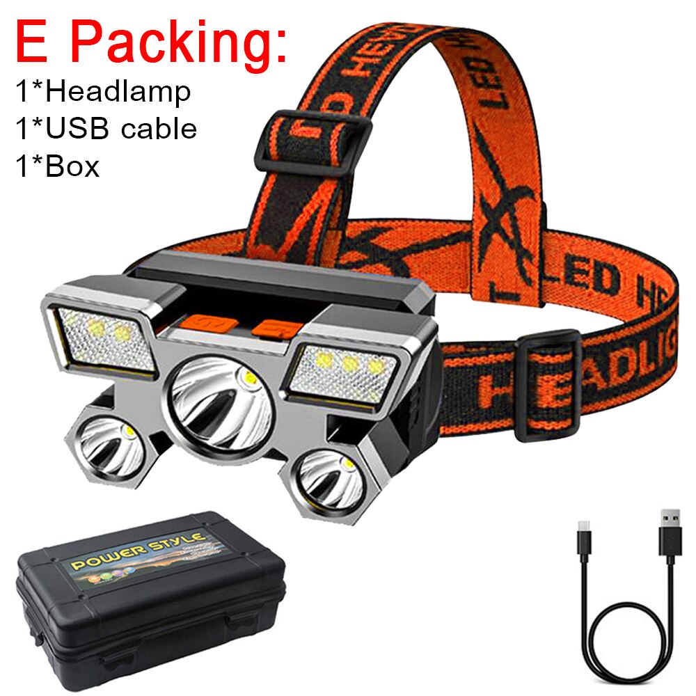 5LED Headlight Built-in 18650 Battery USB Rechargeable Portable Lantern Headlight Outdoor Camping Headlight ABS Headlamp Torch