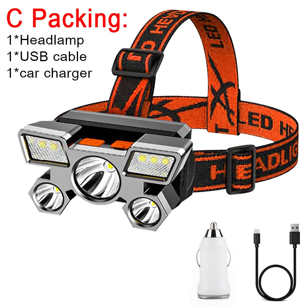 5LED Headlight Built-in 18650 Battery USB Rechargeable Portable Lantern Headlight Outdoor Camping Headlight ABS Headlamp Torch