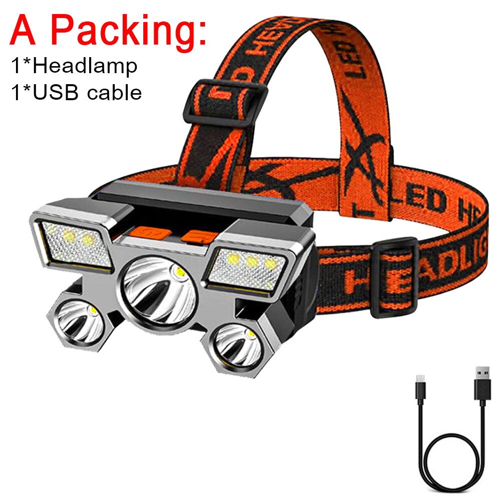 5LED Headlight Built-in 18650 Battery USB Rechargeable Portable Lantern Headlight Outdoor Camping Headlight ABS Headlamp Torch