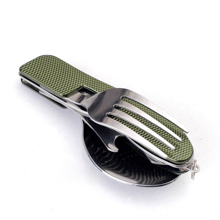 Stainless Steel Travel Kit Portable Army Green Folding Camping Picnic Cutlery Knife Fork Spoon Bottle Opener Flatware Tableware