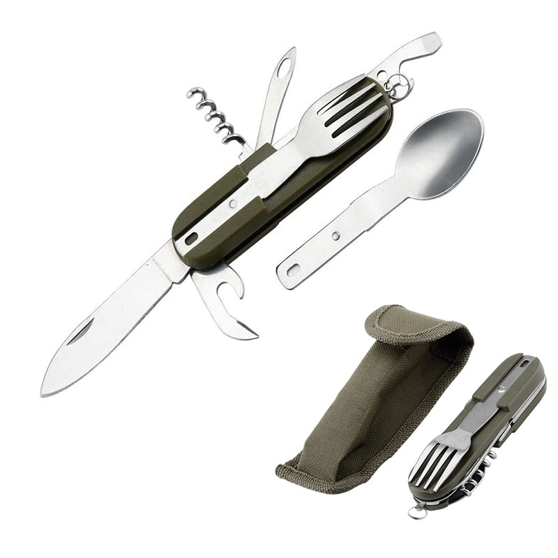 Stainless Steel Travel Kit Portable Army Green Folding Camping Picnic Cutlery Knife Fork Spoon Bottle Opener Flatware Tableware