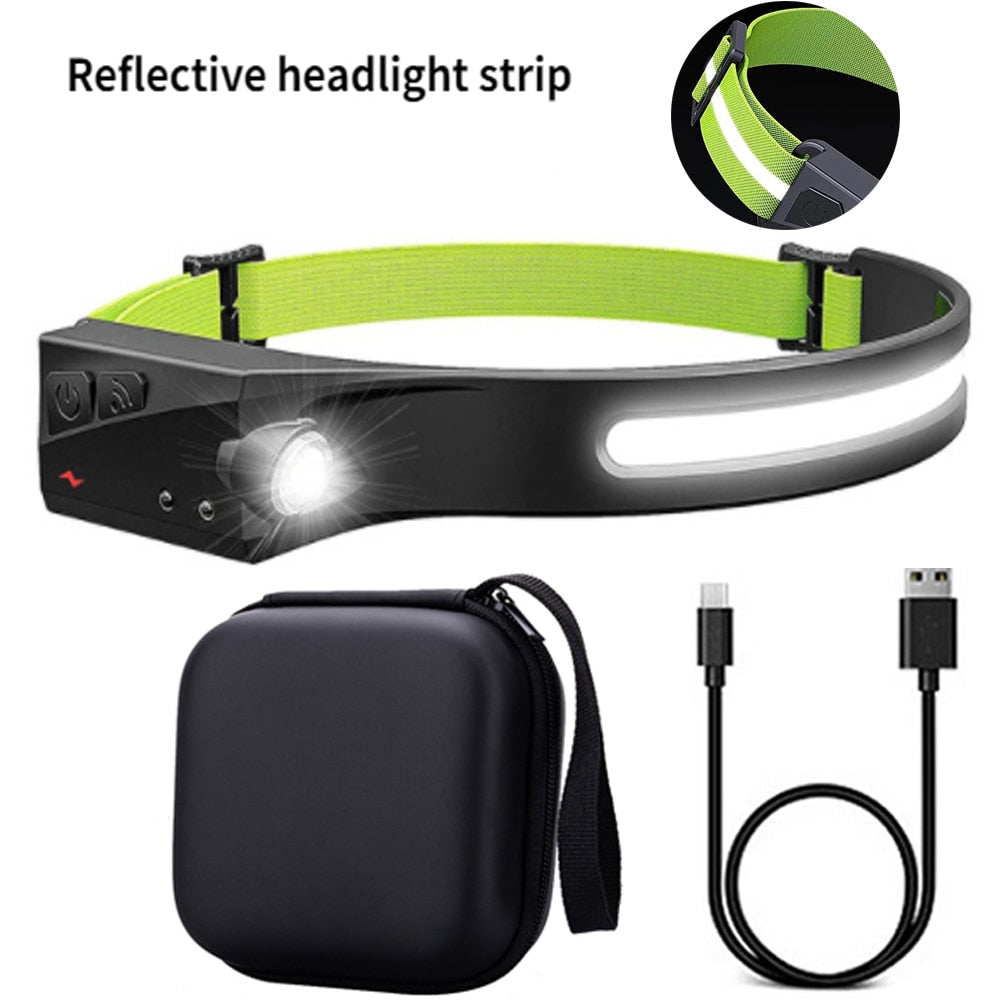 COB LED Headlamp Sensor Headlight with Built-in Battery Flashlight USB Rechargeable Head Lamp Torch 5 Lighting Modes Work Light