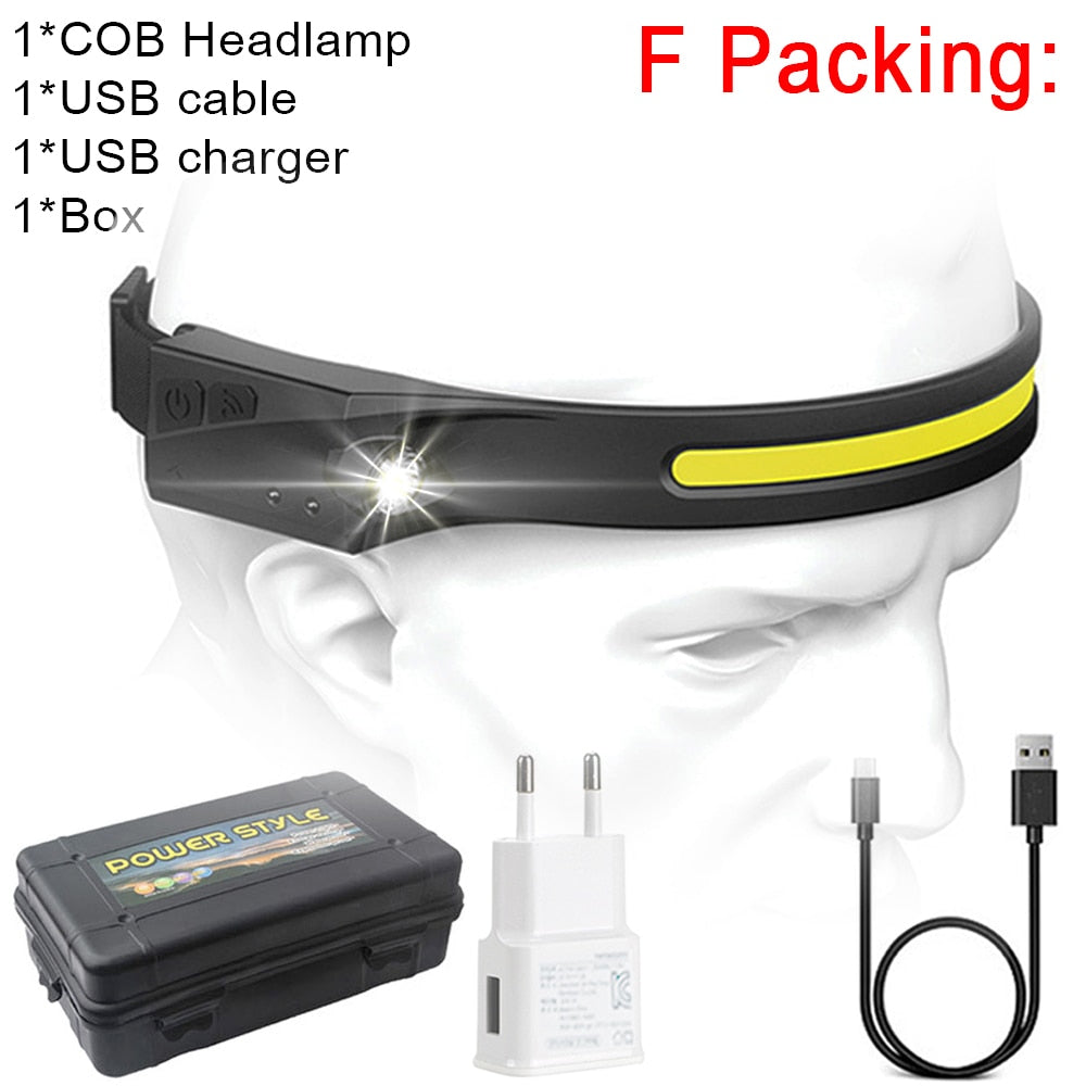 COB LED Headlamp Sensor Headlight with Built-in Battery Flashlight USB Rechargeable Head Lamp Torch 5 Lighting Modes Work Light