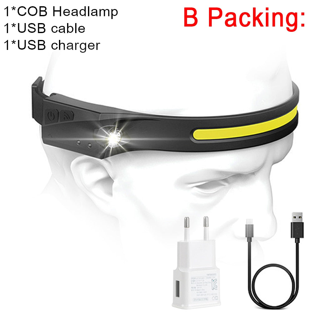 COB LED Headlamp Sensor Headlight with Built-in Battery Flashlight USB Rechargeable Head Lamp Torch 5 Lighting Modes Work Light