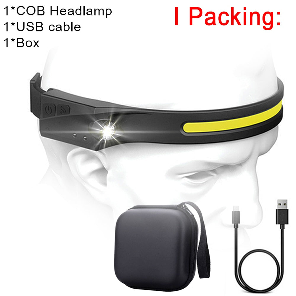 COB LED Headlamp Sensor Headlight with Built-in Battery Flashlight USB Rechargeable Head Lamp Torch 5 Lighting Modes Work Light