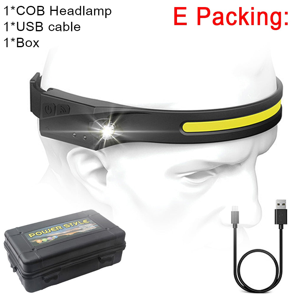 COB LED Headlamp Sensor Headlight with Built-in Battery Flashlight USB Rechargeable Head Lamp Torch 5 Lighting Modes Work Light