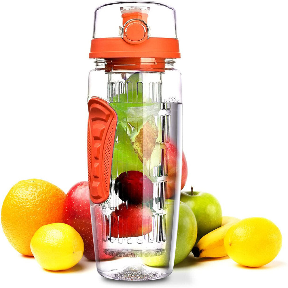 1L Sport Fruit Infuser Water Bottle with Dual Anti-Slip Grips Flip Top Lid Water Bottle for Office and Home Drinking Cup