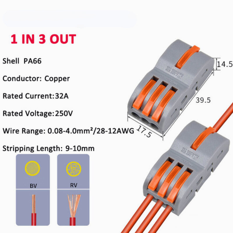 Orange/Yellow/Blue/Green Wire Connector 1 In 3 Out Wire Splitter Terminal Block Compact Wiring Cable Connector Push-in Conductor