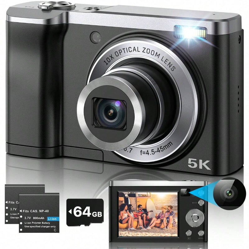 5K Digital Camera 5600 Megapixel, Auto-Focus, 10x Optical Zoom, Vlogging, IPS HD Display, 64GB SD Card