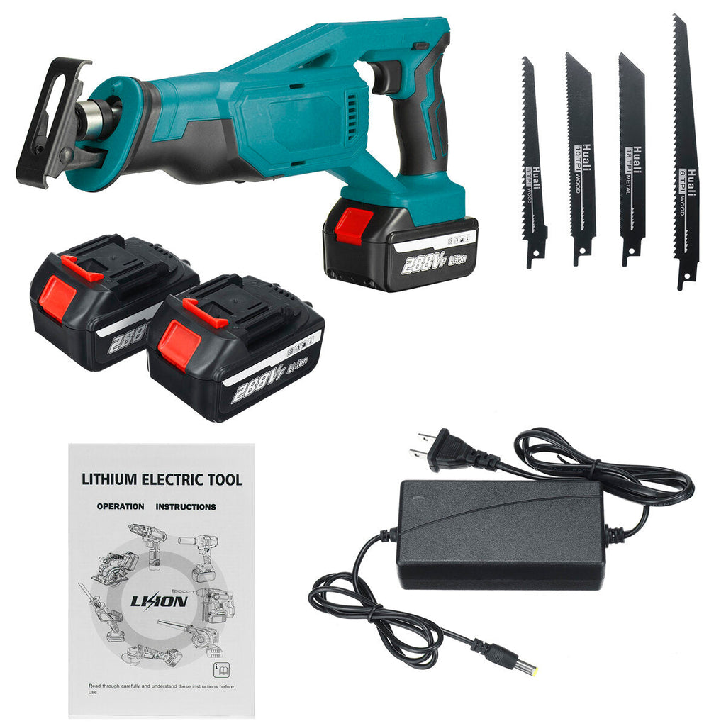 Cordless Reciprocating Saw Rechargeable Electric Recip Sabre Saw W/ 4pcs Blade & 2pcs Battery Wood Metal Plastic Sawing Tool