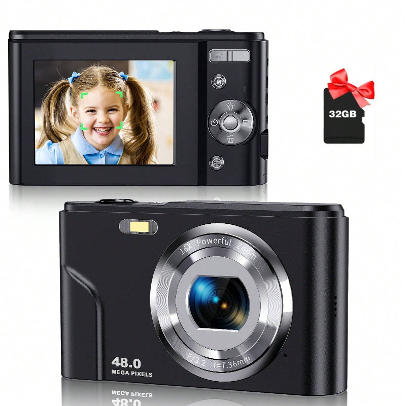 Auto Focus Digital Camera, FHD 1080P/48MP, 32GB Card, 16X Zoom, Portable for Beginners