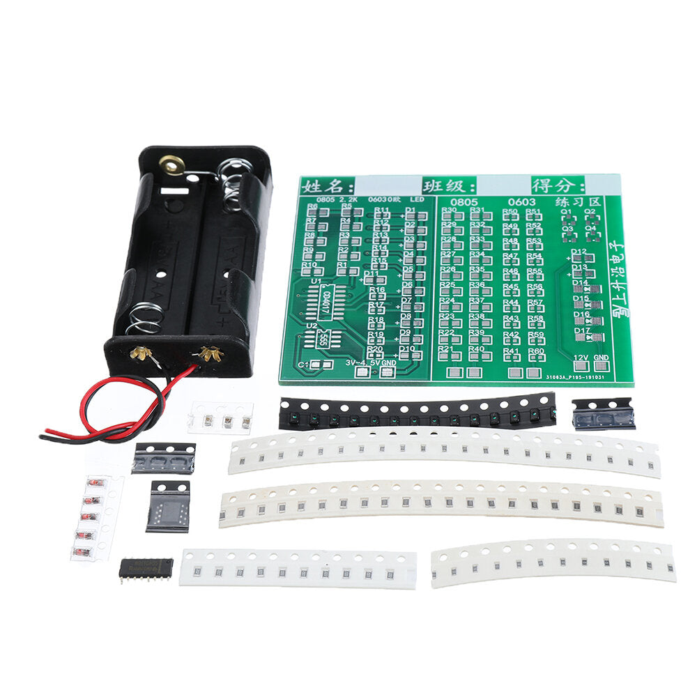 Components + PCB Board + 2 Battery Boxes 84 SMD Component Welding Practice Training Board